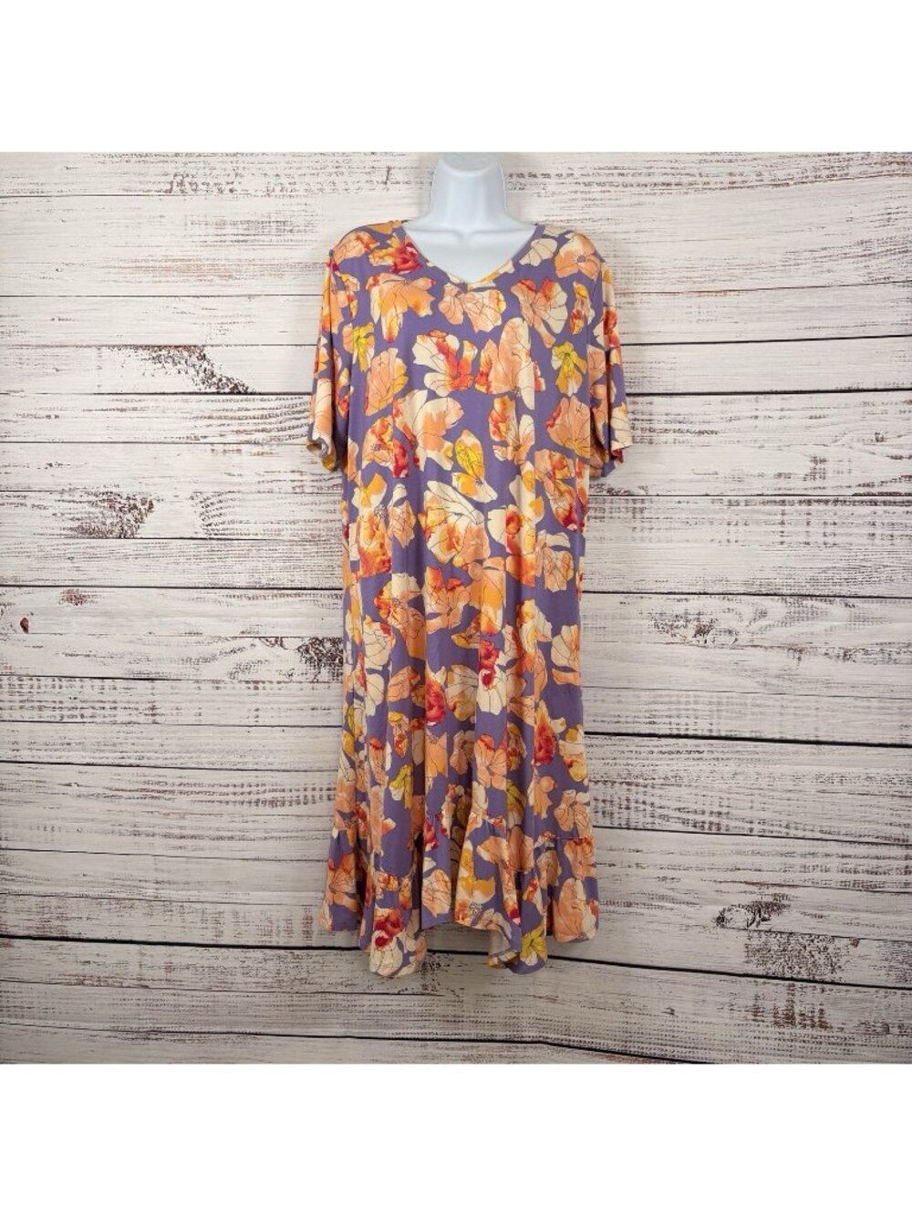 LOGO Lori Goldstein Purple Floral Short Sleeve Dress